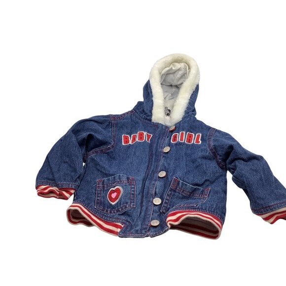 Mon Petit Baby Girl Size 24M Denim Jacket With Faux Fur Hood & Heart Patch - Picture 11 of 16